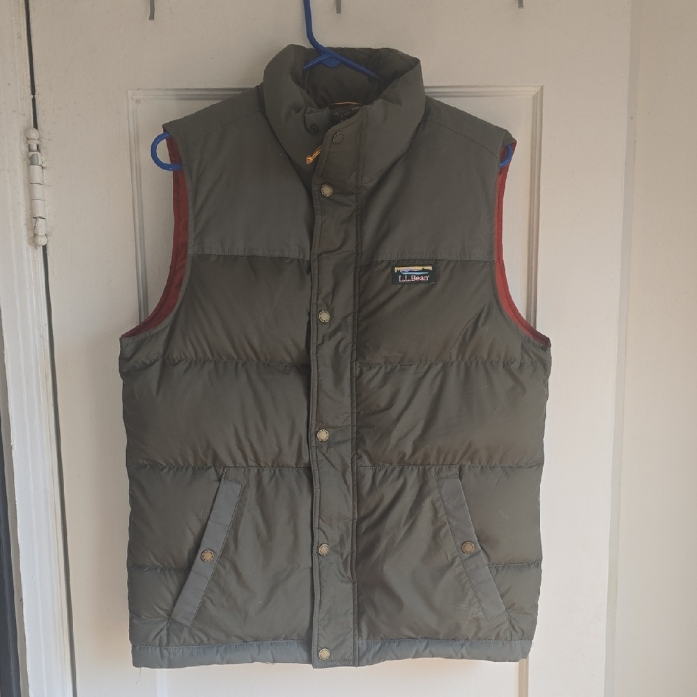 L.L. Bean Olive Green Quilted Puffer Vest with Red Trim
